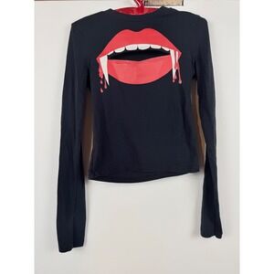 H&M Divided Vampire Lips Cutout Graphic Long Sleeve Top Black XS Halloween Goth